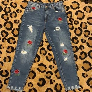 ZARA rose embroidered jeans